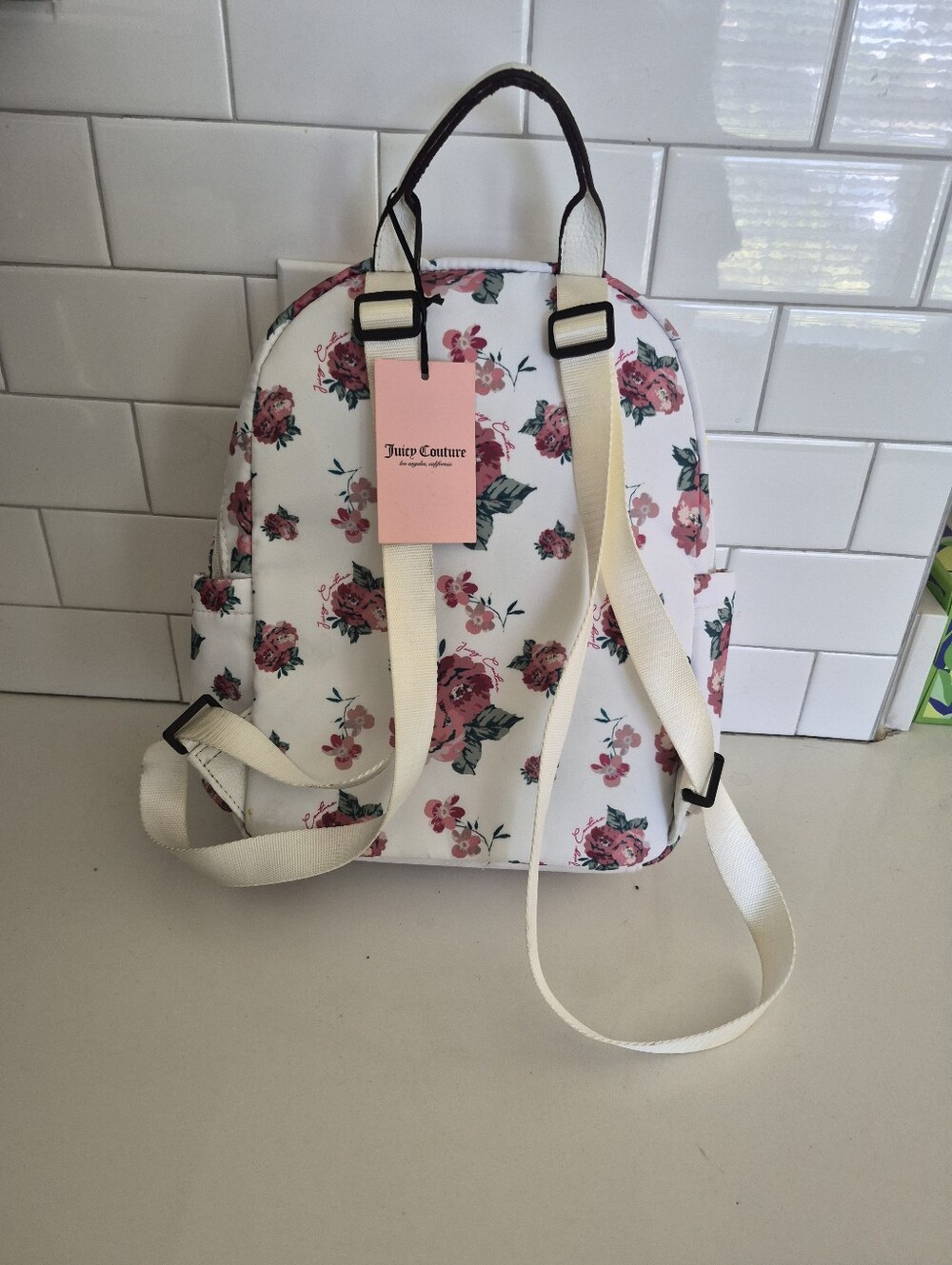 New- Juicy Couture- White/Red Roses Jeweled Medium Backpack Floral Backpack - Picture 2 of 9